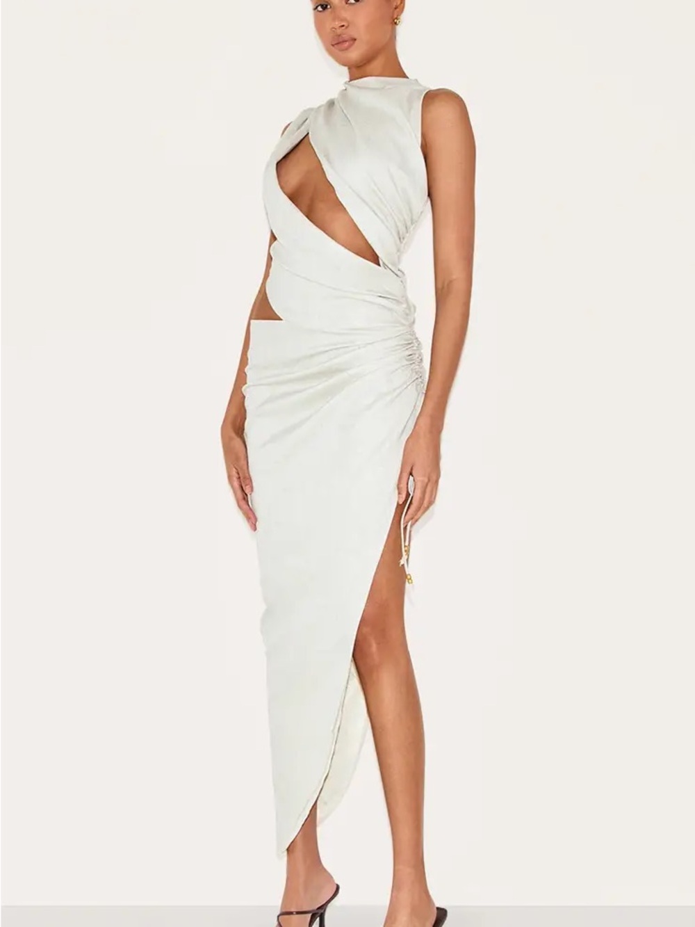PrettyLittleThing Cream Asymmetric Cutout Midi Dress